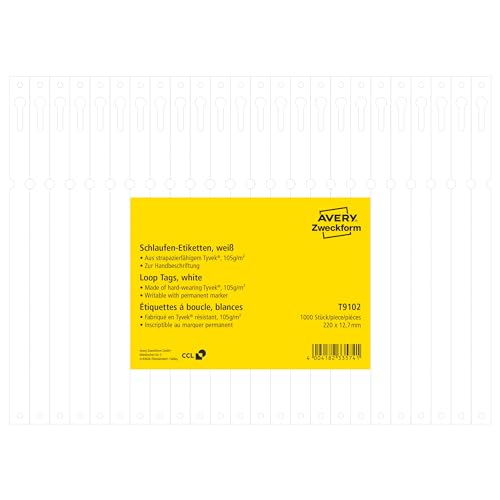 AVERY Zweckform T9102 wetterfeste Schlaufenanhänger 1.000 Stück (220x12,7mm, beidseitig beschriftbare Schlaufen-Etiketten, reißfeste Schlüsselanhänger, robuste Pflanzenbeschriftung), Folie, weiß von AVERY Zweckform