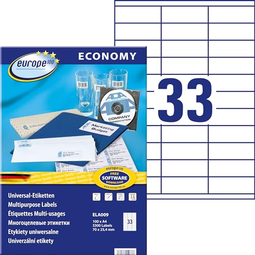 Europe100 Art. ELA009 Universal Etiketten (3.300 Klebeetiketten, 70x25,4mm auf A4, Papier matt, individuell bedruckbar, selbstklebende Aufkleber, kompatibel zu AVERY 3421) 100 Blatt, weiß von AVERY Zweckform