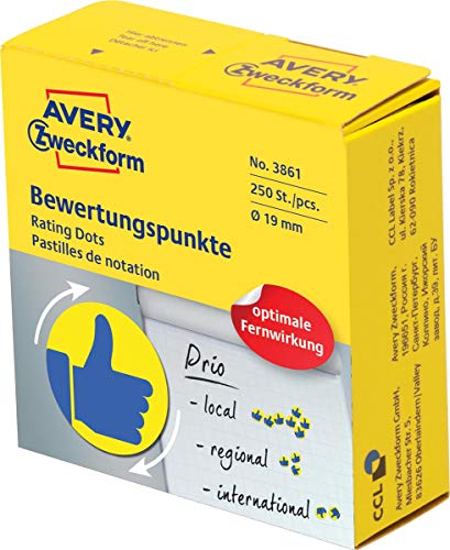 AVERY Zweckform selbstklebende Klebepunkte 250 Stück (flexible Bewertungspunkte auf Rolle im Spender, Ø 19mm, Aufkleber Daumen in Blau/Gelb, zum Abstimmen, Bewerten und Kennzeichnen) Art. 3861 von AVERY Zweckform