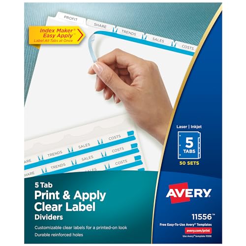 Avery 5 Registerkarten für 3-Ringbuch, einfaches Drucken und Anbringen, transparenter Etikettenstreifen, Index-Maker, anpassbare weiße Tabs, 50 Sets (11556) von AVERY