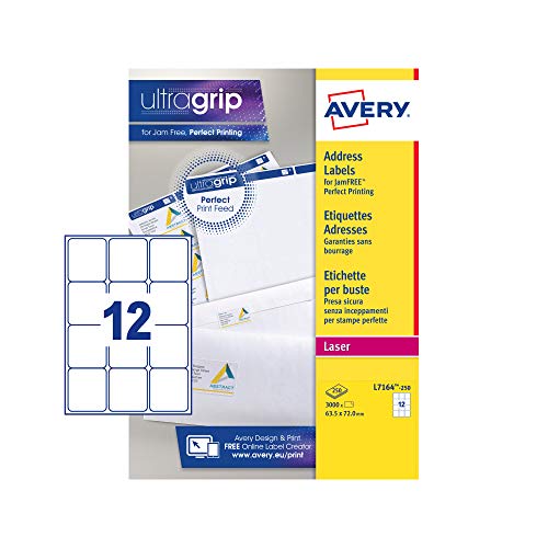 Avery Adressetiketten für Laserdrucker, ohne Papierstau, 12 pro Bogen 63,5x72mm weiß (3000 Etiketten) von Avery