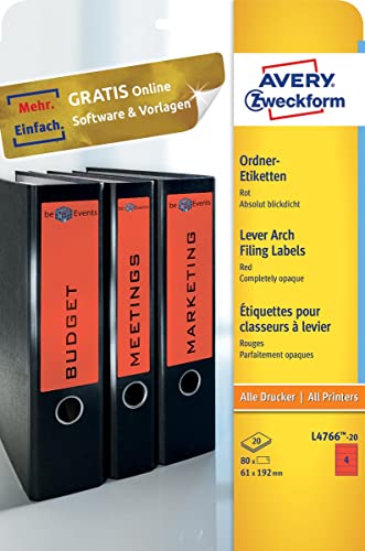 Avery Border Binder Labels, Red 192 x 61 mm (20) – Printer Labels (Red 192 x 61 mm (20), 20 Sheets, 192 x 61 mm) von AVERY Zweckform