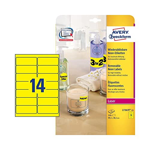 Avery L7263Y-25 - Etiketten in Sonderfarben, Neongelb, 99,1 x 38,1 mm, wiederablösbar (Avery High Vis 99x38mm Neon Yellow L7263Y-25 (350 Labels)) Avery L7263Y-25 - Etiketten in Sonderfarben, Neongelb, 99,1 x 38,1 mm, wiederablösbar (Avery High Vis 99x38mm Neon Yellow L7263Y-25 (350 Labels)) von Avery Dennsion Zweckform
