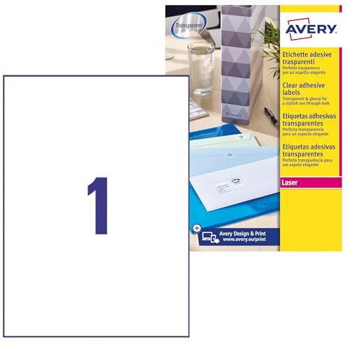 Avery J7567-25 Adressetiketten für Laserdrucker (1 Etikett pro Blatt, 210 x 297 mm) 25 Stück transparent von Avery Dennsion Zweckform