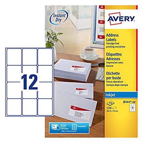 Avery J8164-100 Adressetiketten für Tintenstrahldrucker (schnell trocknend, 12 Stück pro Blatt, 63,5 x 72 mm) 1200 Etiketten weiß von Avery Dennsion Zweckform