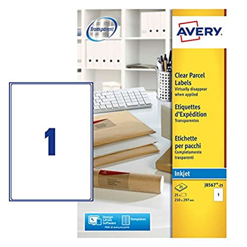 Avery J8567-25 Adressetiketten (1 Etikett pro Blatt, 210 x 297 mm) 25 Stück transparent von Avery Dennsion Zweckform