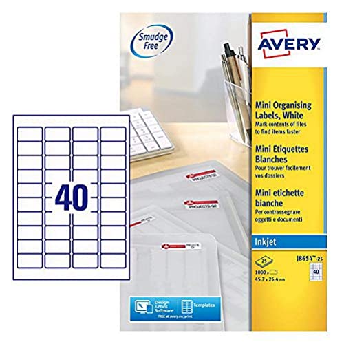 Avery J8654-25 Mini-Etiketten für Tintenstrahldrucker (40 pro Blatt, 45,7 x 25,4 mm) 1000 Etiketten weiß von Avery