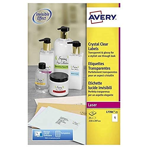Avery Kristallklare Etiketten für Laserdrucker langlebig 1 pro Blatt 210 x 297 mm 25 Stück transparent von Avery Dennsion Zweckform