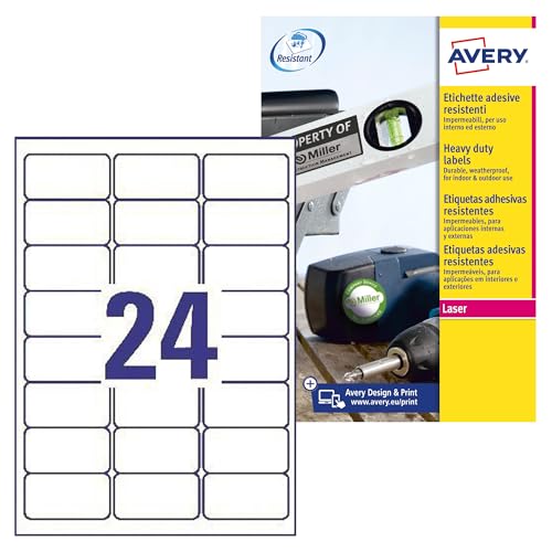 Avery L4773-20 Robuste Laseretiketten ( 24 Stück pro Blatt, 63,5 x 33,9 mm) 480 Etiketten weiß von Avery Dennsion Zweckform