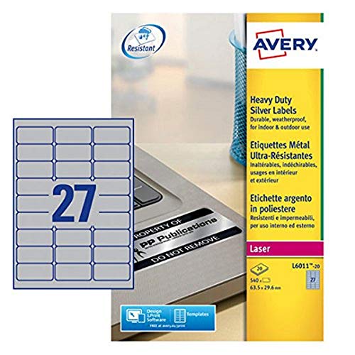 Avery L6011-20 Robuste Laseretiketten ( 27 Stück pro Blatt, 63,5 x 29,6 mm) 540 Etiketten in Silber von Avery