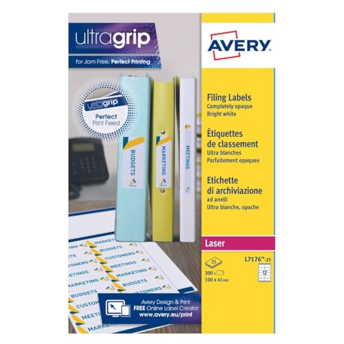 Avery L7176-25 Ordner-Etiketten für Tintenstrahl und Laser (für 60 mm Ordner, 12 pro Blatt, 41 x 100 mm) 300 Etiketten von Avery