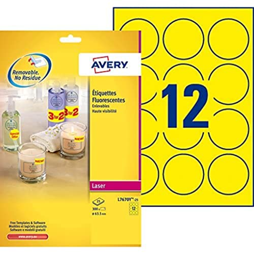 Avery L7670Y-25 hoch sichtbare Neon-Etiketten für Laserdrucker rund 63,5 mm 12 pro Blatt 300 Etiketten gelb Avery L7670Y-25 hoch sichtbare Neon-Etiketten für Laserdrucker rund 63,5 mm 12 pro Blatt 300 Etiketten gelb von Avery