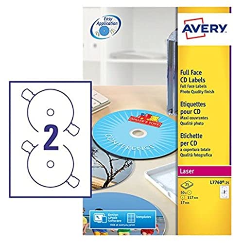 Avery L7676-100 Glossy Full Face CD Etiketten für Laserdrucker (117 mm Durchmesser Etiketten, 2 Etiketten pro A4 Blatt, 25 Blätter) - Weiß " von Avery Dennsion Zweckform