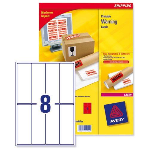 Avery L7991R-25 Bedruckbare Warnhinweisetiketten (robust, 8 Stück pro Blatt, 50 x 142 mm) 200 Etiketten neonrot von AVERY Zweckform
