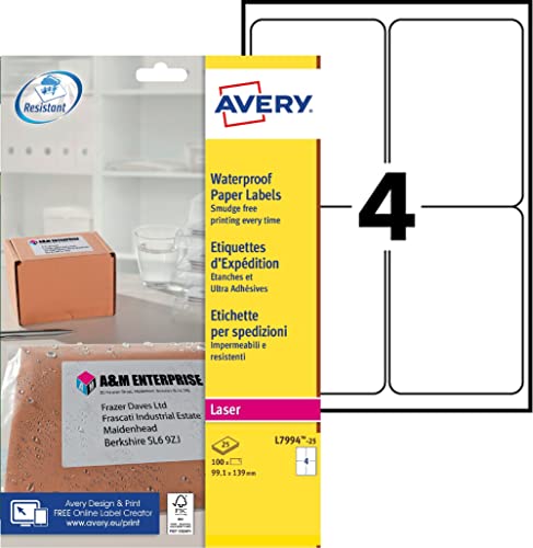 Avery L7994-25 Wetterfeste Versandetiketten (4 Stück pro Blatt, 99,1 x 139 mm) 100 Etiketten von Avery Dennsion Zweckform