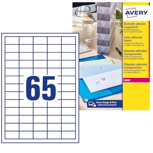 Avery Transparente selbstklebende Mini-Absenderadressaufkleber, Laserdrucker (38,1 x 21,2 mm, 65 Etiketten pro A4-Blatt, 25 Blatt), 1625 Etiketten (L7551) von Avery Dennsion Zweckform