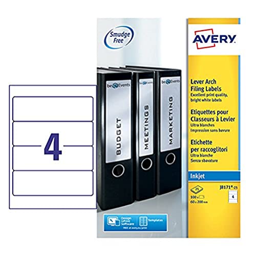 Avery Ordneretiketten für Tintenstrahldrucker 4 pro Blatt 200 x 60 mm 100 Etiketten Avery Ordneretiketten für Tintenstrahldrucker 4 pro Blatt 200 x 60 mm 100 Etiketten von Avery Dennsion Zweckform