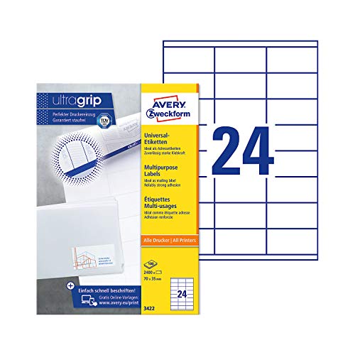 Avery Zweckform© 3422 Universal-Etiketten, 70 x 35 mm, Geeignet fr Deutsche Post INTERNETMARKE, 100 Blatt/2.400 Etiketten, weiá von AVERY Zweckform