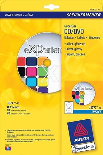 Avery Zweckform, J8777-10, 10 Blatt, Inkjet CD-Etiketten SuperSize inklusive Zentrierhilfe, Silberglanz (Photo-Qualität), ø 117 von Avery Dennsion Zweckform