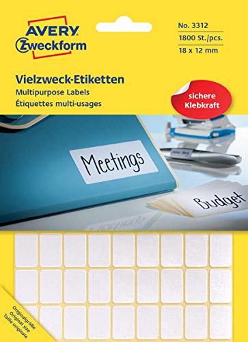 Avery Zweckform 3312 Haushaltsetiketten selbstklebend (18x12mm, 1.800 Aufkleber auf 25 Bogen, Vielzweck-Etiketten für Haushalt, Schule und Büro zum Beschriften und Kennzeichnen) blanko, weiß von AVERY Zweckform