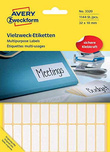 Avery Zweckform 3320 Haushaltsetiketten selbstklebend (31x10mm, 1.144 Aufkleber auf 26 Bogen, Vielzweck-Etiketten für Haushalt, Schule und Büro zum Beschriften und Kennzeichnen) blanko, weiß von AVERY Zweckform