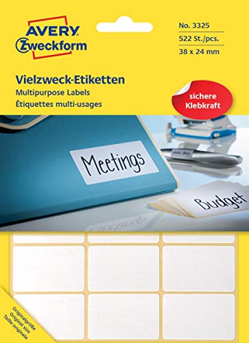 Avery Zweckform 3325 Haushaltsetiketten selbstklebend (38x24mm, 522 Aufkleber auf 29 Bogen, Vielzweck-Etiketten für Haushalt, Schule und Büro zum Beschriften und Kennzeichnen) blanko, weiß von AVERY Zweckform