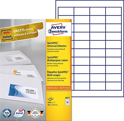 Avery Zweckform 3657 Universal-Etiketten (A4, Papier matt, 4,000 Etiketten, 48,5 x 25,4 mm) 100 Blatt weiß (5, 48,5 x 25,4 mm) von AVERY Zweckform