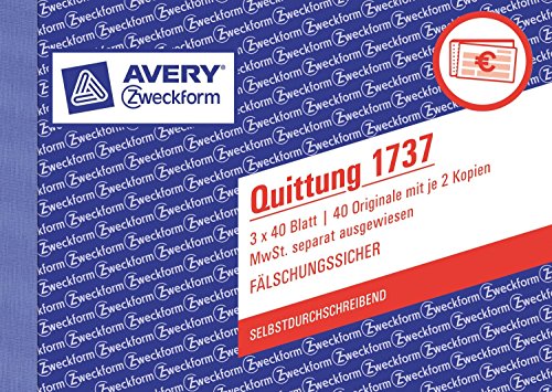 Avery Zweckform 5er Packung 1737 Quittung MwSt. separat ausgewiesen, DIN A6 quer, fälschungssicher, 3 x 40 Blatt, weiß, gelb, rosa (5, selbstdurchschreibend) von AVERY Zweckform