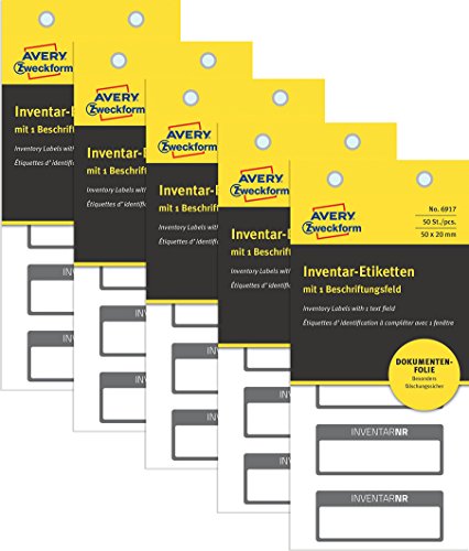 Avery Zweckform 6917 Inventar-Etiketten (250 Stück, fälschungsicher, 50 x 20 mm) 50 Bogen, schwarz von AVERY Zweckform