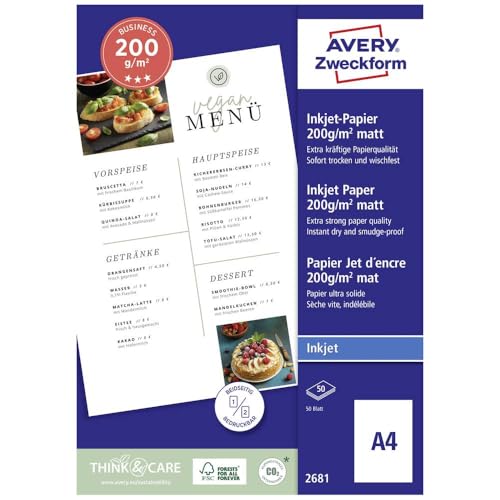 Avery Zweckform Art. 2681 Business Inkjet Papier (50 Blatt, 200 g/m², A4, mattes Druckerpapier, beidseitig beschichtet & bedruckbar, sofort trocken & wischfest, Flyerpapier für Inkjet-Drucker) weiß von AVERY Zweckform