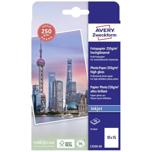 Avery Zweckform Art. C2550-50 Premium Inkjet Fotopapier (50 Blatt, 250 g/m², 10x15cm, hochglänzende Fotokarten, einseitig beschichtet, sofort trocken & wischfest, Fotoblätter für Inkjet-Drucker) weiß von AVERY Zweckform