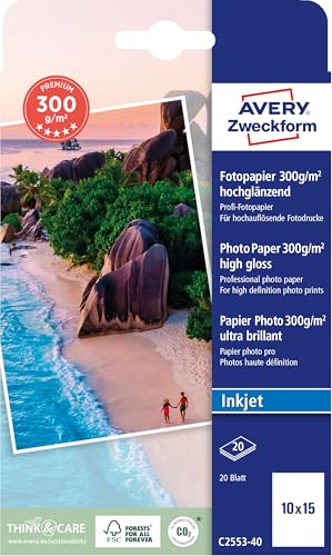 Avery Zweckform Art. C2553-40 Premium Inkjet Fotopapier (20 Blatt, 300 g/m², 10x15cm, hochglänzende Fotokarten, einseitig beschichtet, sofort trocken & wischfest, Fotoblätter für Inkjet-Drucker) weiß von AVERY Zweckform