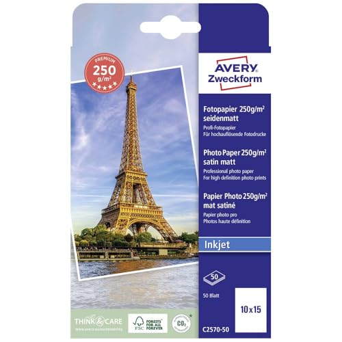 Avery Zweckform Art. C2570-50 Premium Inkjet Fotopapier (50 Blatt, 250 g/m², 10x15cm, seidenmatte Fotokarten, einseitig beschichtet, sofort trocken & wischfest, Fotoblätter für Inkjet-Drucker) weiß von AVERY Zweckform