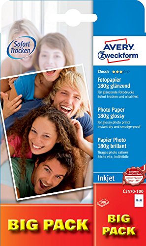 Avery Zweckform C2570-100 Classic Inkjet Fotopapier, DIN A6, einseitig beschichtet - glänzend, 180 g/m² (3er Spar-Pack) von AVERY Zweckform