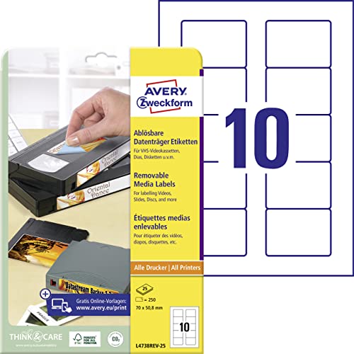 AVERY Zweckform L4738REV-25 Etiketten für Disketten (250 Aufkleber, 70x50,8 mm auf A4, bedruckbar, selbstklebend, wiederablösbar, für Disketten und Mini-Disc Hüllen) 25 Blatt, weiß AVERY Zweckform L4738REV-25 Etiketten für Disketten (250 Aufkleber, 70x50,8 mm auf A4, bedruckbar, selbstklebend, wiederablösbar, für Disketten und Mini-Disc Hüllen) 25 Blatt, weiß von AVERY Zweckform