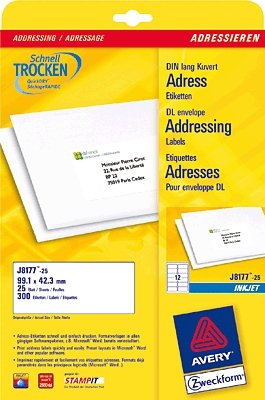 Avery Zweckform Etiketten/J8177-25 99,1x42,3 mm weiß spezialbeschichtet Inh.300 von AVERY Zweckform