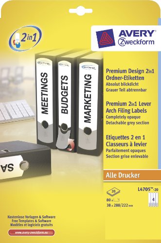 Avery Zweckform L4705-20 Premium Design 2in1 Ordner-Etiketten, blickdicht, 288 x 38 mm, 20 Blatt/80 Etiketten, weiß, grau von AVERY Zweckform