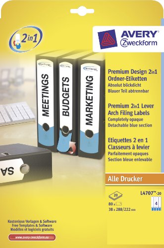 Avery Zweckform L4707-20 Premium Design 2in1 Ordner-Etiketten, blickdicht, 288 x 38 mm, 20 Blatt/80 Etiketten, weiß, blau von AVERY Zweckform