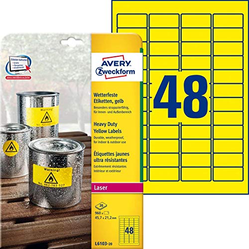 Avery Zweckform Wetterfeste Folien-Etiketten L6103-20, 45,7 x 21,2 mm, permanent, gelb Avery Zweckform Wetterfeste Folien-Etiketten L6103-20, 45,7 x 21,2 mm, permanent, gelb von AVERY Zweckform