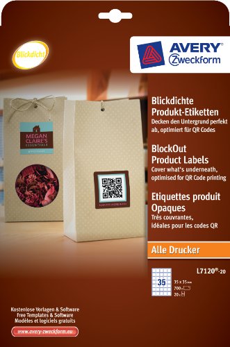 Avery Zweckform L7120-20 Produkt-Etiketten, 35 x 35 mm, unbeschichtet, blickdicht, 20 Blatt/700 Etiketten, weiß Avery Zweckform L7120-20 Produkt-Etiketten, 35 x 35 mm, unbeschichtet, blickdicht, 20 Blatt/700 Etiketten, weiß von AVERY Zweckform