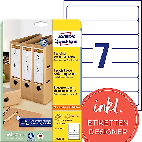 AVERY Zweckform LR4760-25 Recycling Ordnerrücken Etiketten (210 Rückenschilder, 38x192mm auf A4, 100% recyceltes Altpapier, schmal/kurz, selbstklebend, bedruckbare Ordneretiketten) 30 Blatt, naturweiß von AVERY Zweckform