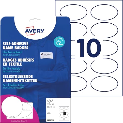 Avery Zweckform J4882-20 Namensetiketten (200 Namensaufkleber, 85x50 mm auf A4, selbstklebend, bedruckbare ovale Textiletiketten für Inkjetdrucker, rückstandsfrei ablösbar) 20 Blatt, weiß von AVERY Zweckform