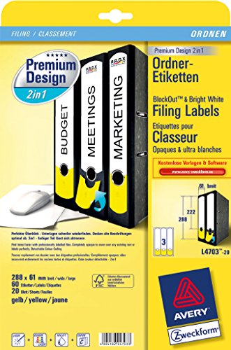 Avery Zweckform Premium Design "2in1" Ordner-Etiketten mit Farbkennzeichnung, weiß-gelb, 288x61mm, 60 Etiketten mit 2in1 Funktion. von AVERY Zweckform