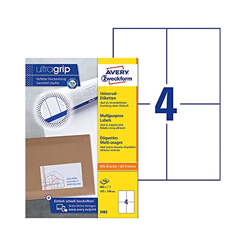 Avery Zweckform Universal Etiketten, ultragrip, A4, matt, verschiedene VE 105 x 41 3477 von AVERY Zweckform