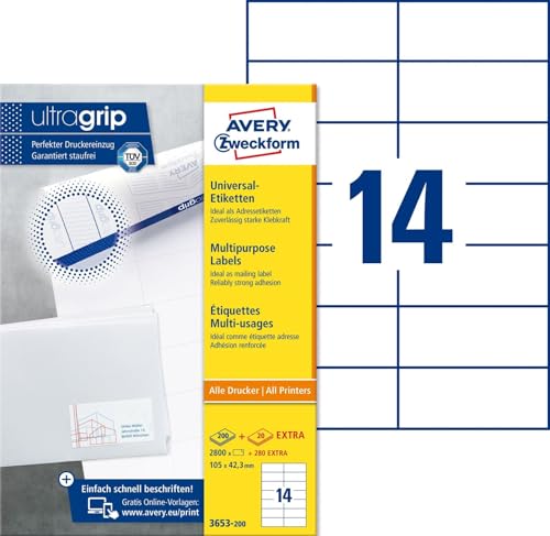Avery Zweckform Universal-Etiketten ultragrip 105x42,3 mm VE=3.080 Etiketten / 220 Bogen weiß von AVERY Zweckform