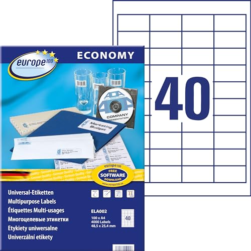 Europe100 Art. ELA002 Universal Etiketten (4.000 Klebeetiketten, 48,5x25,4mm auf A4, Papier matt, individuell bedruckbar, selbstklebende Aufkleber, kompatibel zu AVERY 3657) 100 Blatt, weiß von AVERY Zweckform
