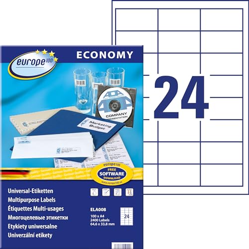 Europe100 Art. ELA008 Adressaufkleber (2.400 Klebeetiketten, 64,6x33,8mm auf A4, Papier matt, individuell bedruckbar, selbstklebende Adressetiketten, kompatibel zu AVERY 3658) 100 Blatt, weiß von AVERY Zweckform
