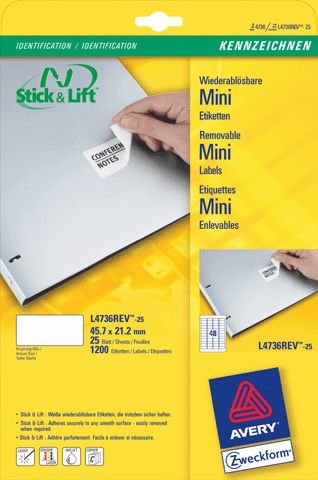 Inkjet-Laser-Etikett 45,7X21,2Mm L4736Rev-25 Stick+Lift Rand Rundum Inkjet-Laser-Etikett 45,7X21,2Mm L4736Rev-25 Stick+Lift Rand Rundum von AVERY Zweckform