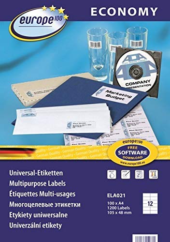 Europe100 Art. ELA021 Adressaufkleber (1.200 Klebeetiketten, 105x48mm auf A4, Papier matt, individuell bedruckbar, selbstklebende Adressetiketten, kompatibel zu AVERY 3424) 100 Blatt, weiß von AVERY Zweckform