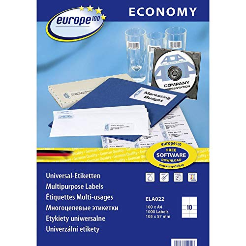 Europe100 Art. ELA022 Adressaufkleber (1.000 Klebeetiketten, 105x57mm auf A4, Papier matt, individuell bedruckbar, selbstklebende Adressetiketten, kompatibel zu AVERY 3425) 100 Blatt, weiß von AVERY Zweckform
